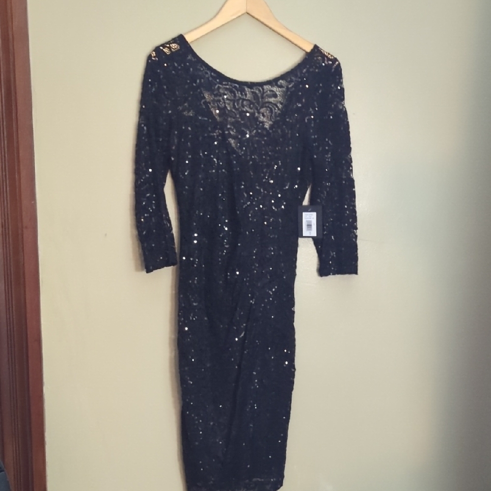 MARINA Blue Sequin Bodycon Dress with Scoop Neck